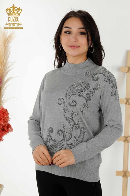 Women's Knitwear Stone Embroidered Gray - 30013 | KAZEE - Thumbnail