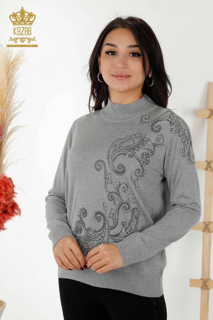 Women's Knitwear Stone Embroidered Gray - 30013 | KAZEE