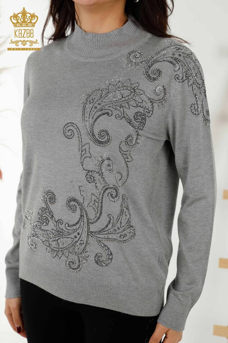 Women's Knitwear Stone Embroidered Gray - 30013 | KAZEE