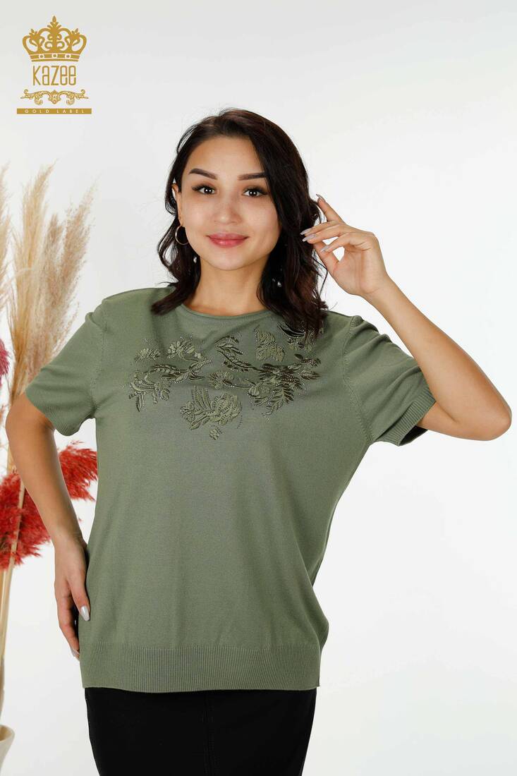 Women's Knitwear Stone Embroidered Khaki - 16849 | KAZEE