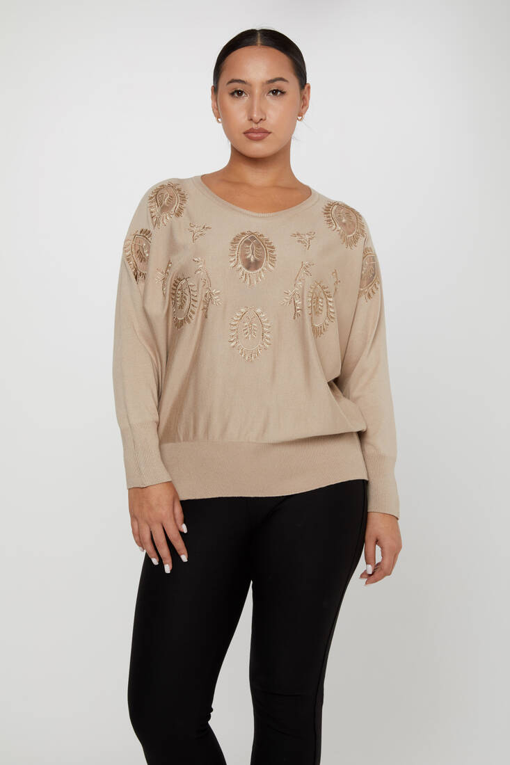 Women's Knitwear Stone Embroidered Mink - 30902 | KAZEE