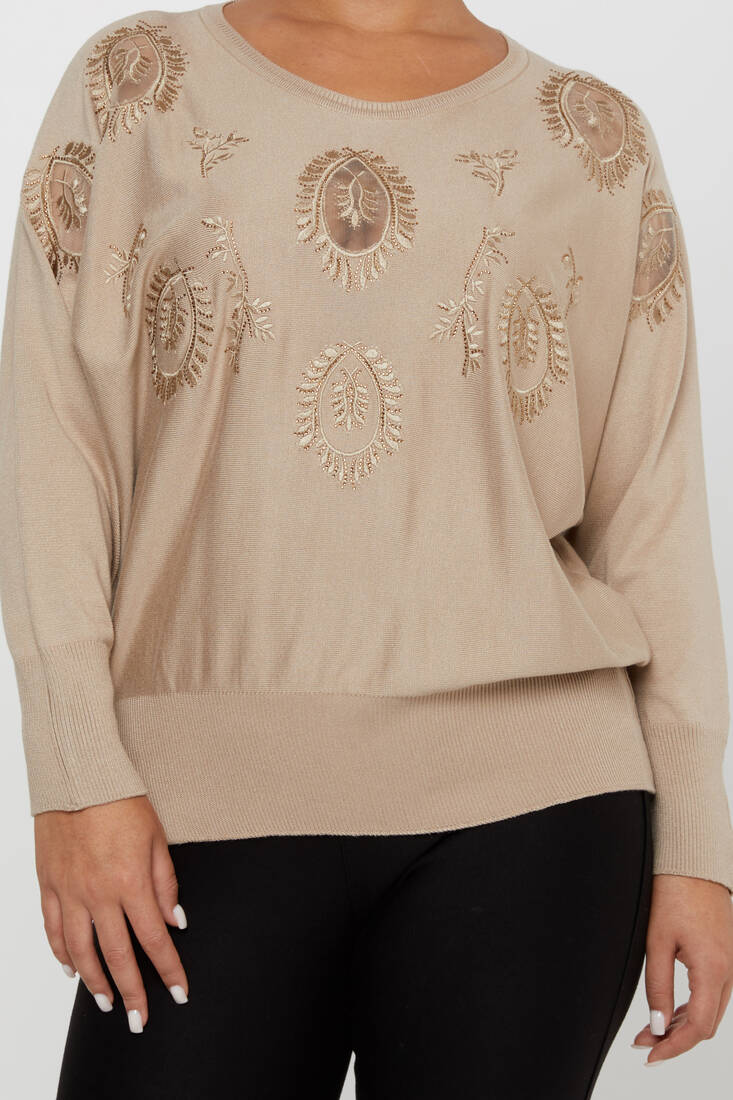 Women's Knitwear Stone Embroidered Mink - 30902 | KAZEE