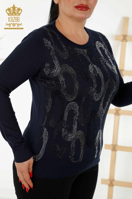 Women's Knitwear Stone Embroidered Navy Blue - 16964 | KAZEE - Thumbnail