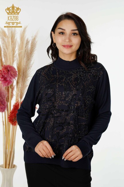 Women's Knitwear Stone Embroidered Navy Blue - 30008 | KAZEE - Thumbnail