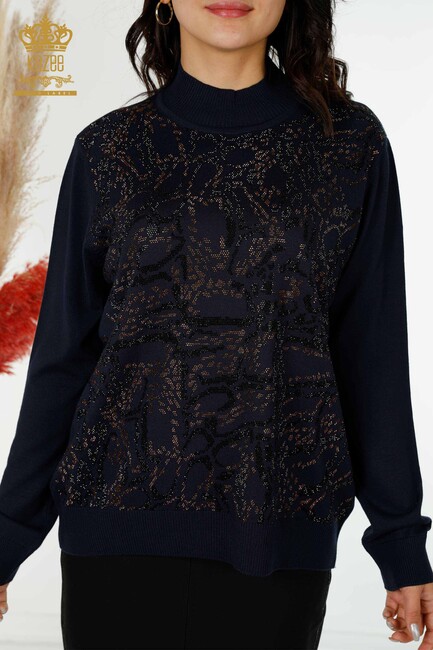 Women's Knitwear Stone Embroidered Navy Blue - 30008 | KAZEE - Thumbnail