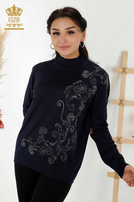 Women's Knitwear Stone Embroidered Navy Blue - 30013 | KAZEE - Thumbnail