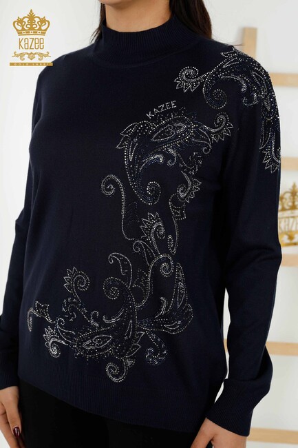 Women's Knitwear Stone Embroidered Navy Blue - 30013 | KAZEE - Thumbnail