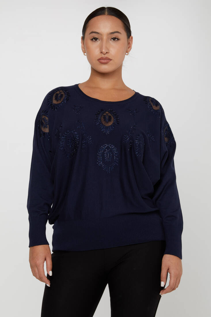 Women's Knitwear Stone Embroidered Navy Blue - 30902 | KAZEE