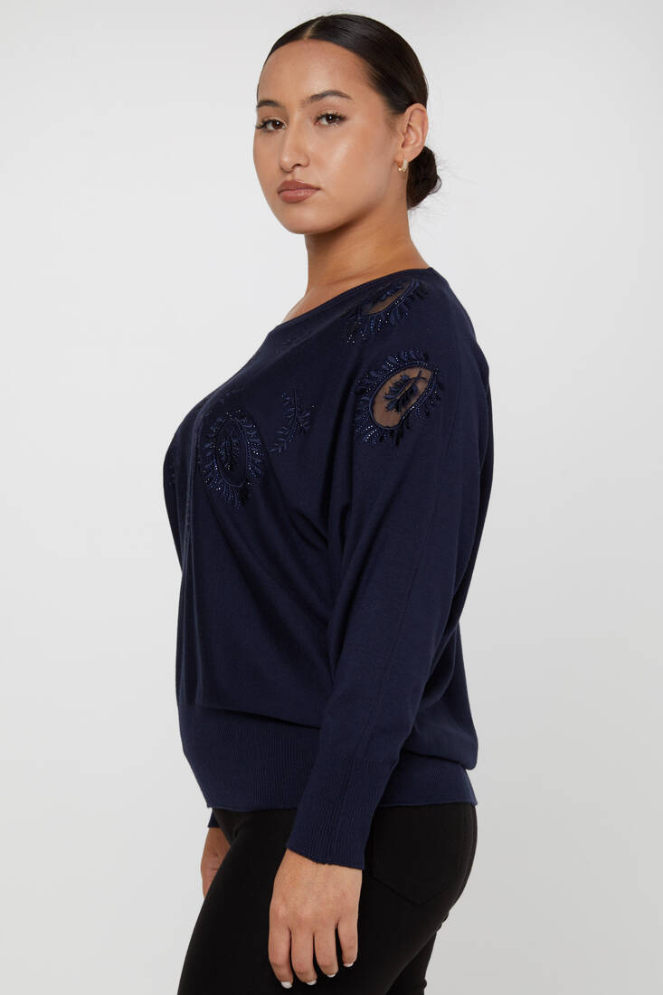 Women's Knitwear Stone Embroidered Navy Blue - 30902 | KAZEE