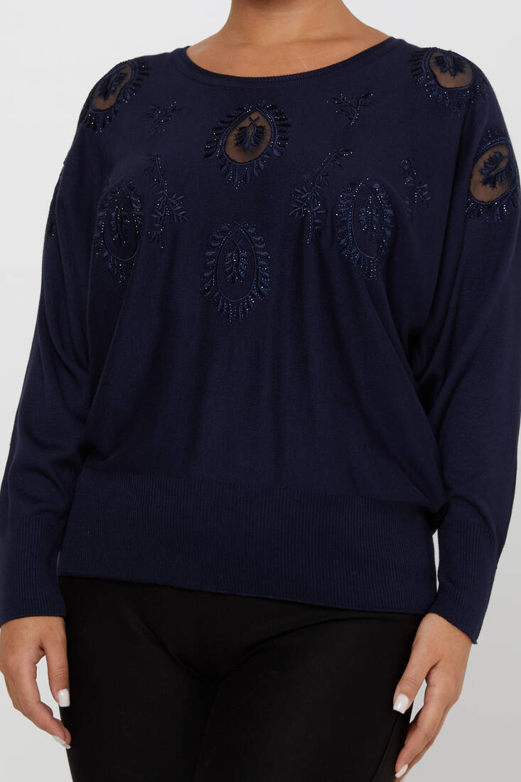 Women's Knitwear Stone Embroidered Navy Blue - 30902 | KAZEE