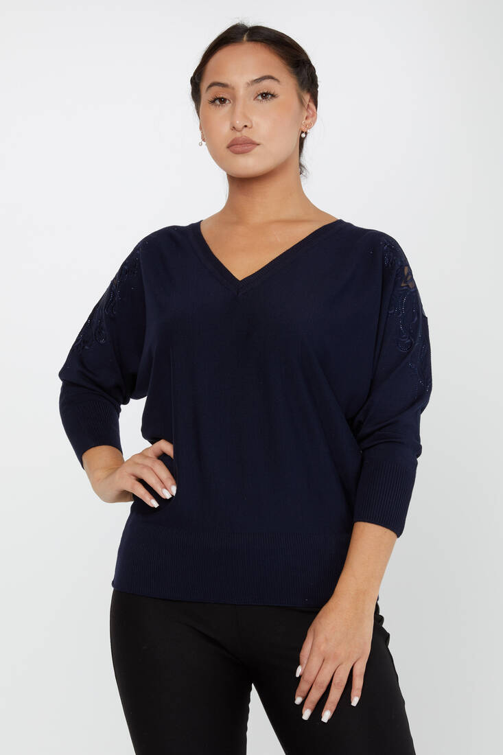 Women's Knitwear Stone Embroidered Navy Blue - 30924 | KAZEE