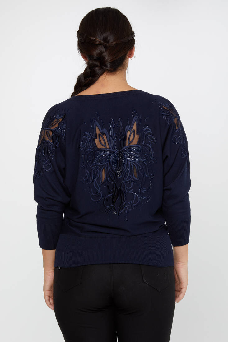 Women's Knitwear Stone Embroidered Navy Blue - 30924 | KAZEE