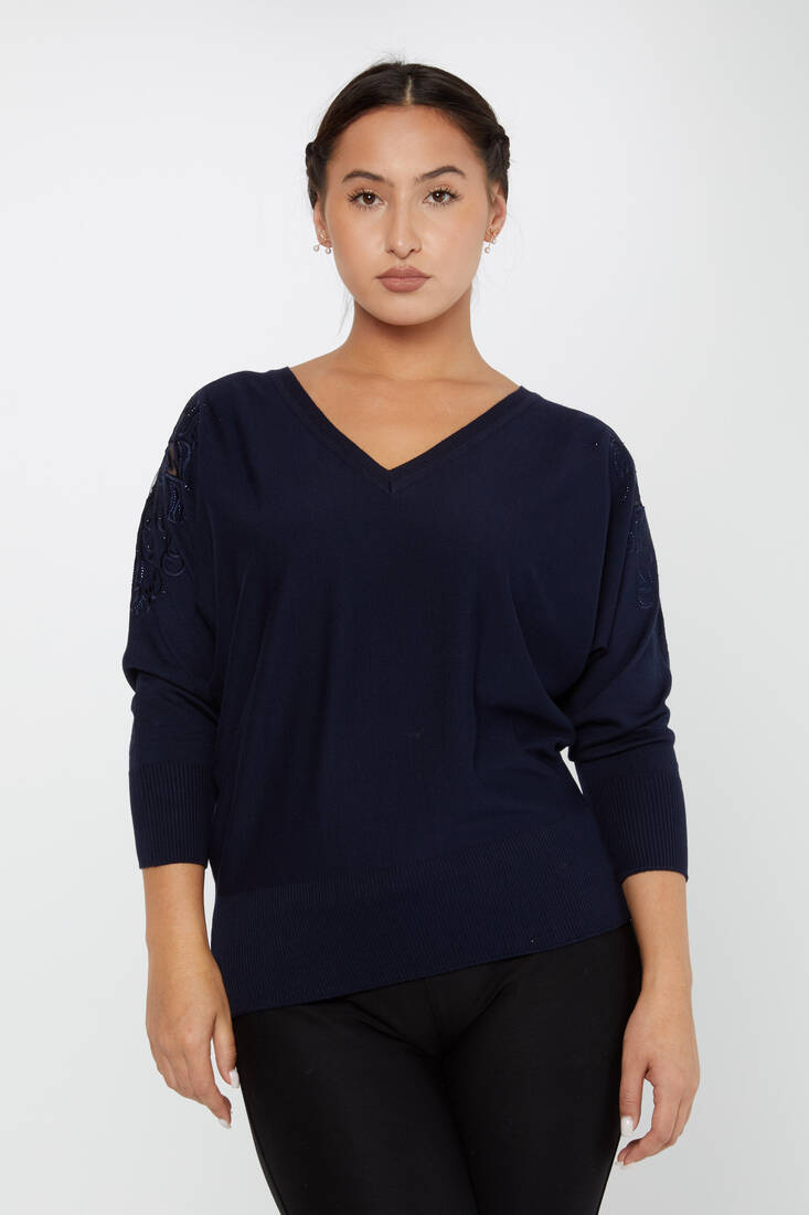 Women's Knitwear Stone Embroidered Navy Blue - 30924 | KAZEE