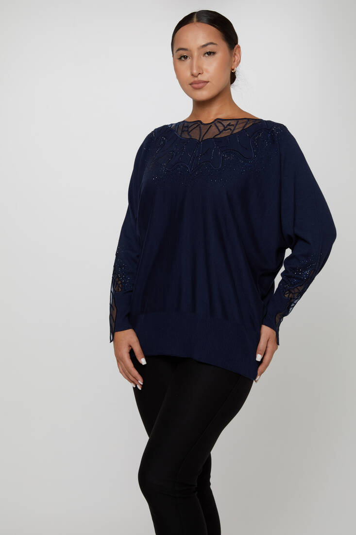 Women's Knitwear Stone Embroidered Navy Blue - 31227 | KAZEE