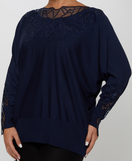 Women's Knitwear Stone Embroidered Navy Blue - 31227 | KAZEE - Thumbnail