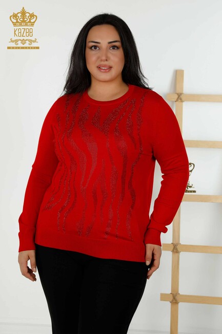 Women's Knitwear Stone Embroidered Red - 16728 | KAZEE - Thumbnail