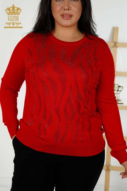 Women's Knitwear Stone Embroidered Red - 16728 | KAZEE - Thumbnail