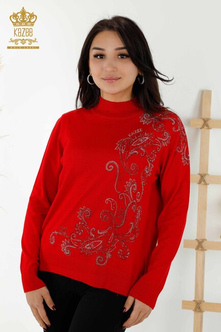 Women's Knitwear Stone Embroidered Red - 30013 | KAZEE - Thumbnail