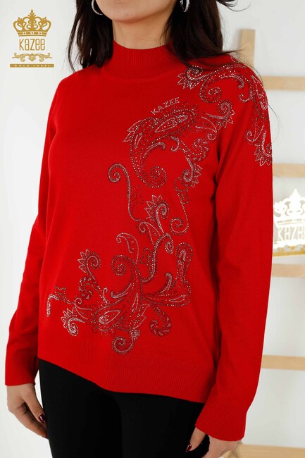 Women's Knitwear Stone Embroidered Red - 30013 | KAZEE - Thumbnail