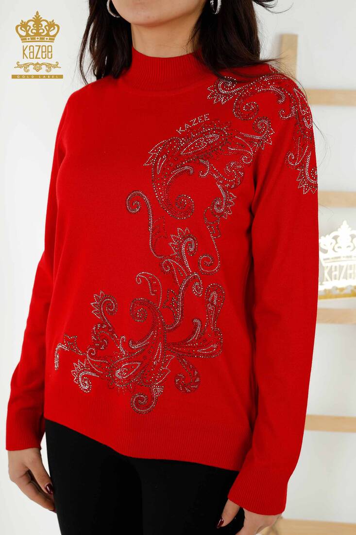 Women's Knitwear Stone Embroidered Red - 30013 | KAZEE