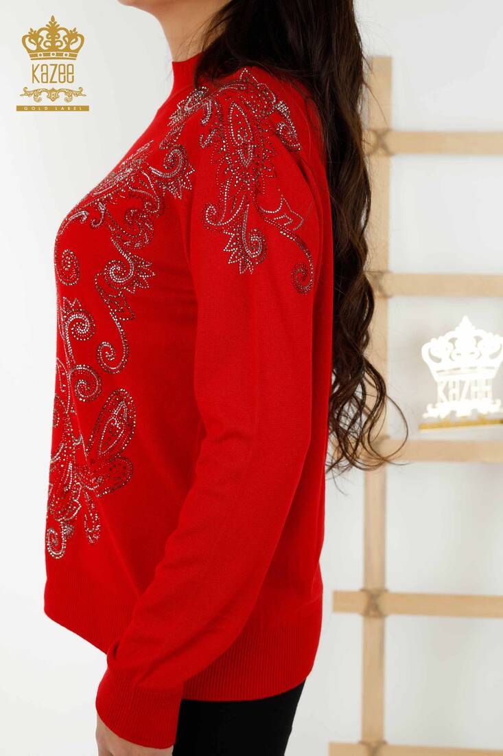 Women's Knitwear Stone Embroidered Red - 30013 | KAZEE