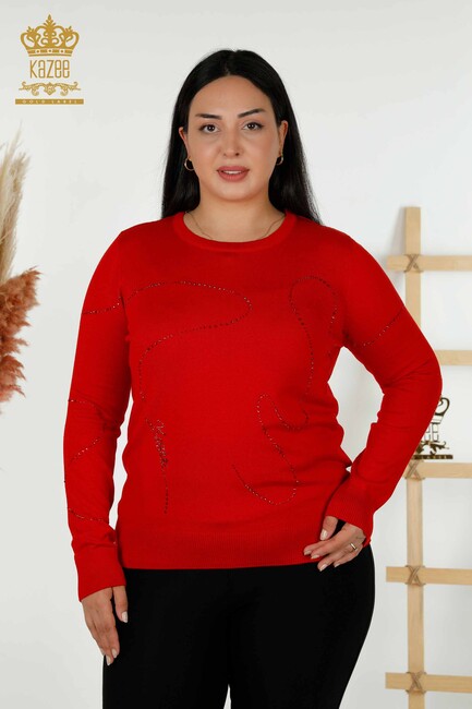 Women's Knitwear Stone Embroidered Red - 30157 | KAZEE - Thumbnail