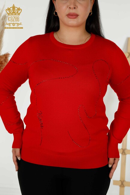 Women's Knitwear Stone Embroidered Red - 30157 | KAZEE - Thumbnail