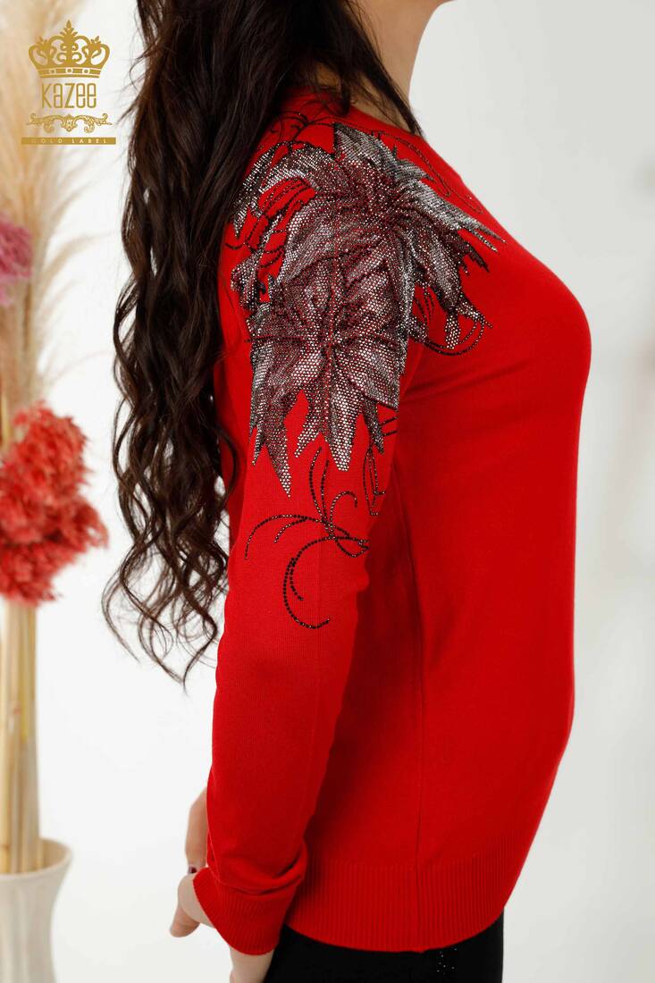 Women's Knitwear Stone Embroidered Red - 30210 | KAZEE