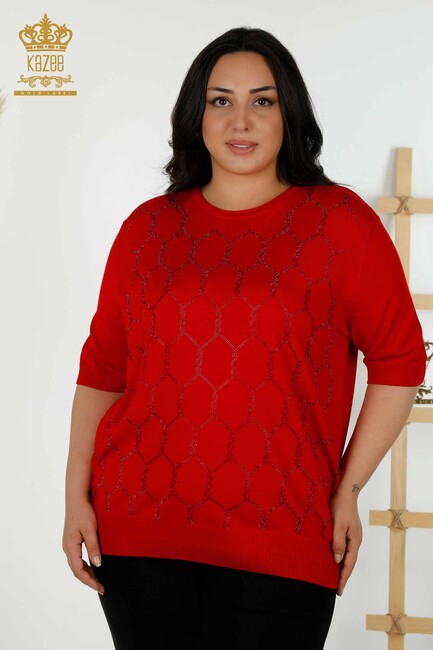 Women's Knitwear Stone Embroidered Red - 30317 | KAZEE - Thumbnail