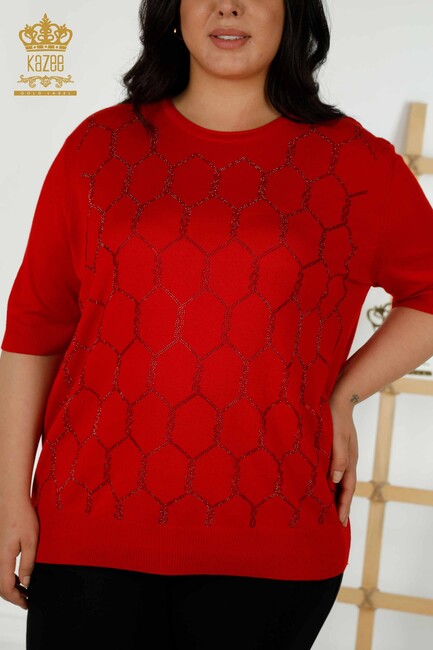 Women's Knitwear Stone Embroidered Red - 30317 | KAZEE - Thumbnail