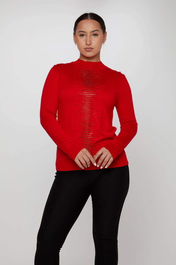 Women's Knitwear Stone Embroidered Red - 30556 | KAZEE