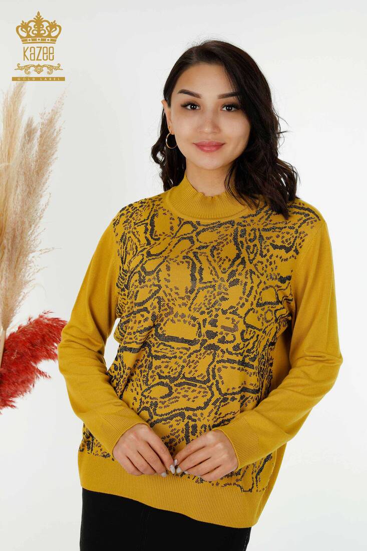 Women's Knitwear Stone Embroidered Saffron - 30008 | KAZEE