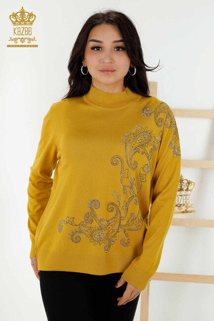 Women's Knitwear Stone Embroidered Saffron - 30013 | KAZEE - Thumbnail