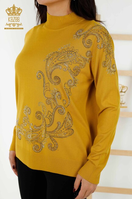 Women's Knitwear Stone Embroidered Saffron - 30013 | KAZEE - Thumbnail