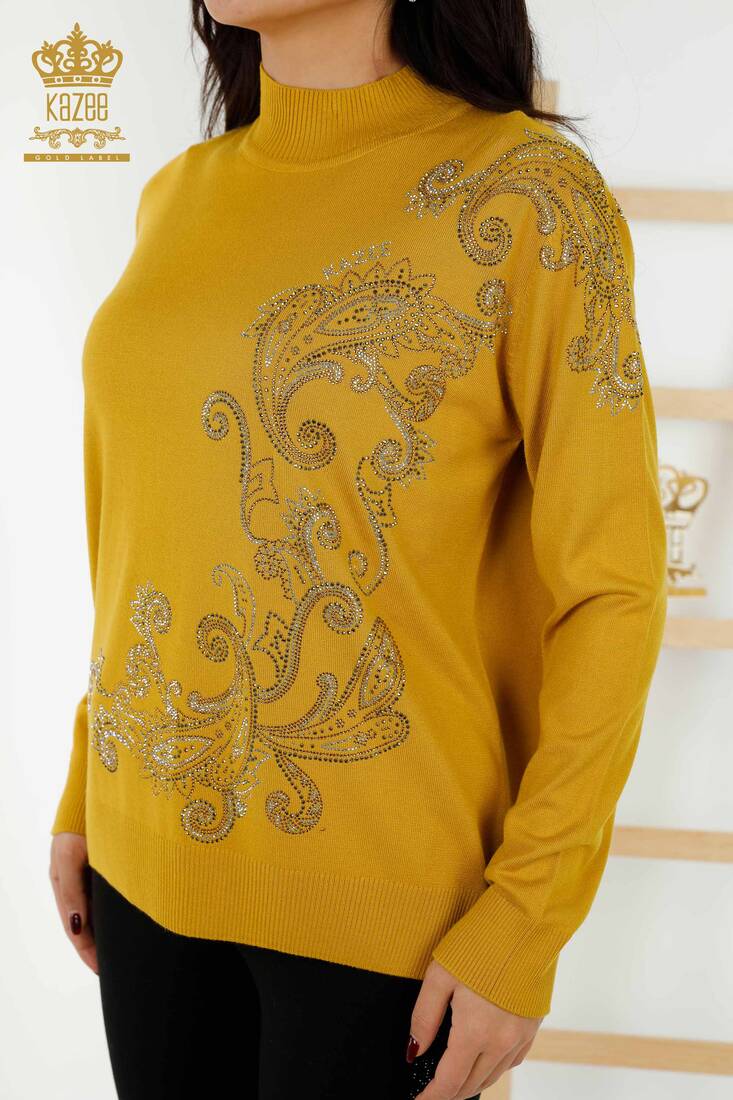 Women's Knitwear Stone Embroidered Saffron - 30013 | KAZEE