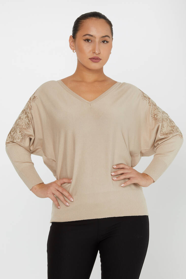 Women's Knitwear Stone Embroidered Tulle Detailed Bat Sleeve Beige - 30904 | KAZEE