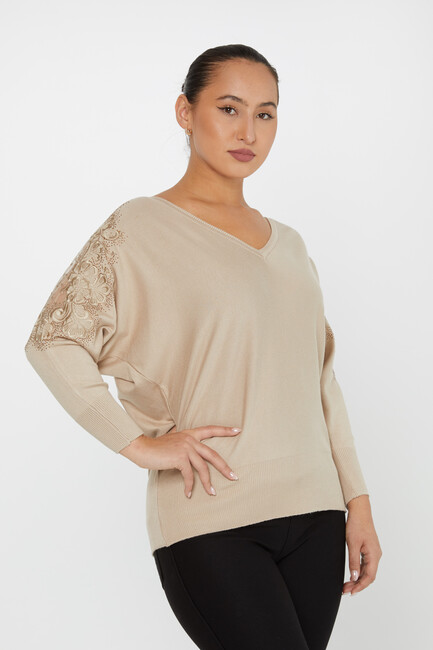 Women's Knitwear Stone Embroidered Tulle Detailed Bat Sleeve Beige - 30904 | KAZEE - Thumbnail