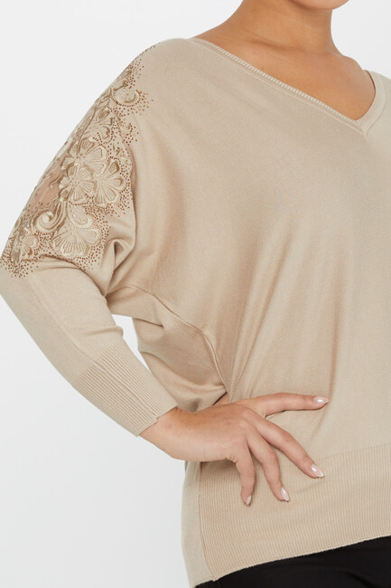 Women's Knitwear Stone Embroidered Tulle Detailed Bat Sleeve Beige - 30904 | KAZEE - Thumbnail