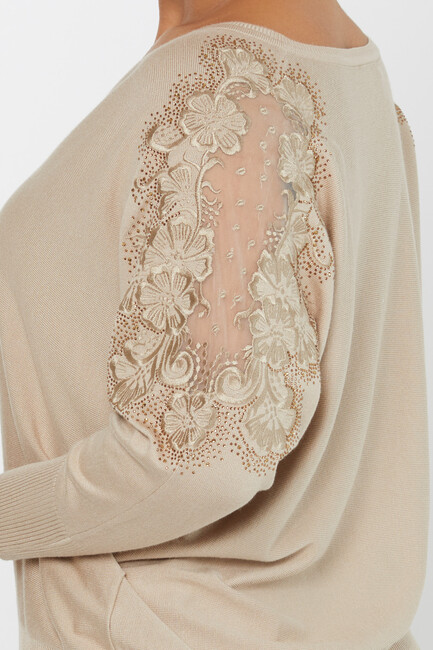 Women's Knitwear Stone Embroidered Tulle Detailed Bat Sleeve Beige - 30904 | KAZEE - Thumbnail