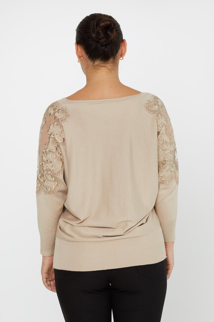 Women's Knitwear Stone Embroidered Tulle Detailed Bat Sleeve Beige - 30904 | KAZEE - Thumbnail