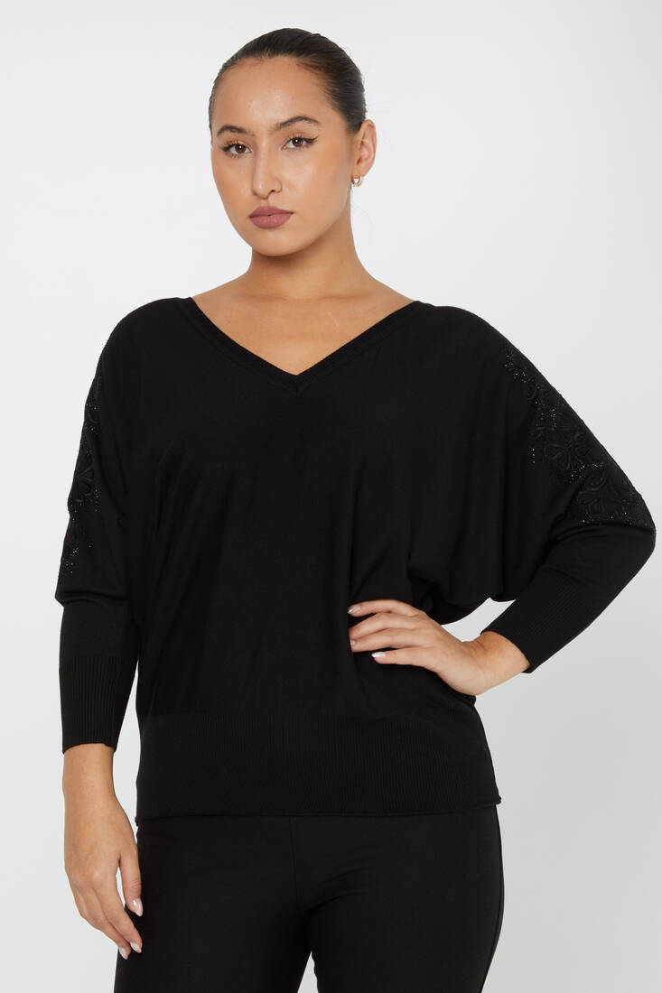 Women's Knitwear Stone Embroidered Tulle Detailed Bat Sleeve Black - 30904 | KAZEE