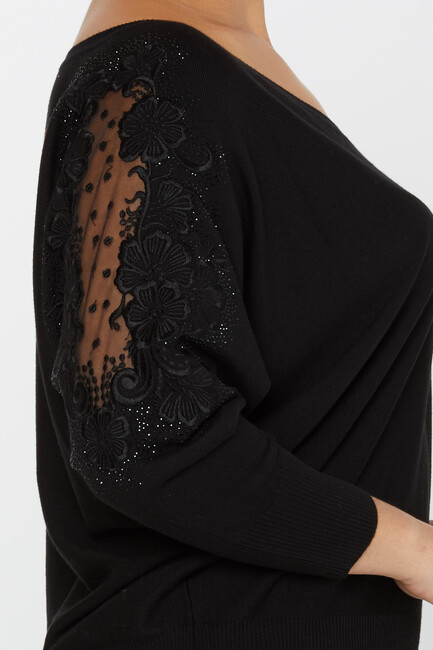 Women's Knitwear Stone Embroidered Tulle Detailed Bat Sleeve Black - 30904 | KAZEE - Thumbnail