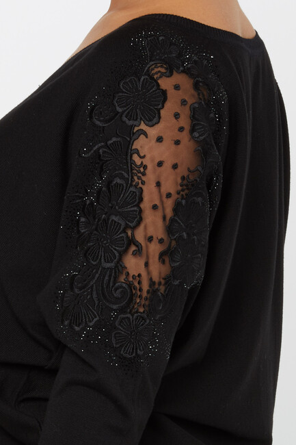 Women's Knitwear Stone Embroidered Tulle Detailed Bat Sleeve Black - 30904 | KAZEE - Thumbnail