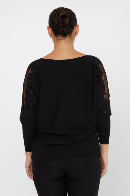 Women's Knitwear Stone Embroidered Tulle Detailed Bat Sleeve Black - 30904 | KAZEE - Thumbnail