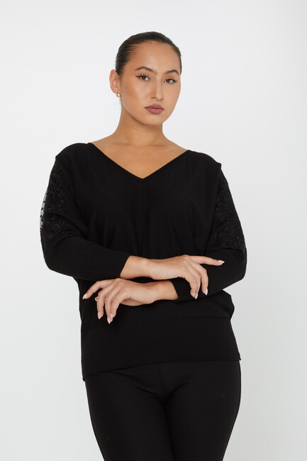 Women's Knitwear Stone Embroidered Tulle Detailed Bat Sleeve Black - 30904 | KAZEE - Thumbnail