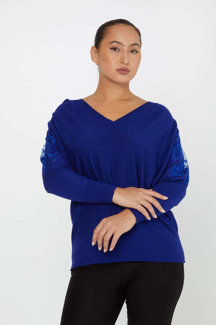 Women's Knitwear Stone Embroidered Tulle Detailed Bat Sleeve Saxe - 30904 | KAZEE