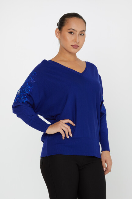 Women's Knitwear Stone Embroidered Tulle Detailed Bat Sleeve Saxe - 30904 | KAZEE - Thumbnail