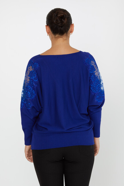 Women's Knitwear Stone Embroidered Tulle Detailed Bat Sleeve Saxe - 30904 | KAZEE - Thumbnail