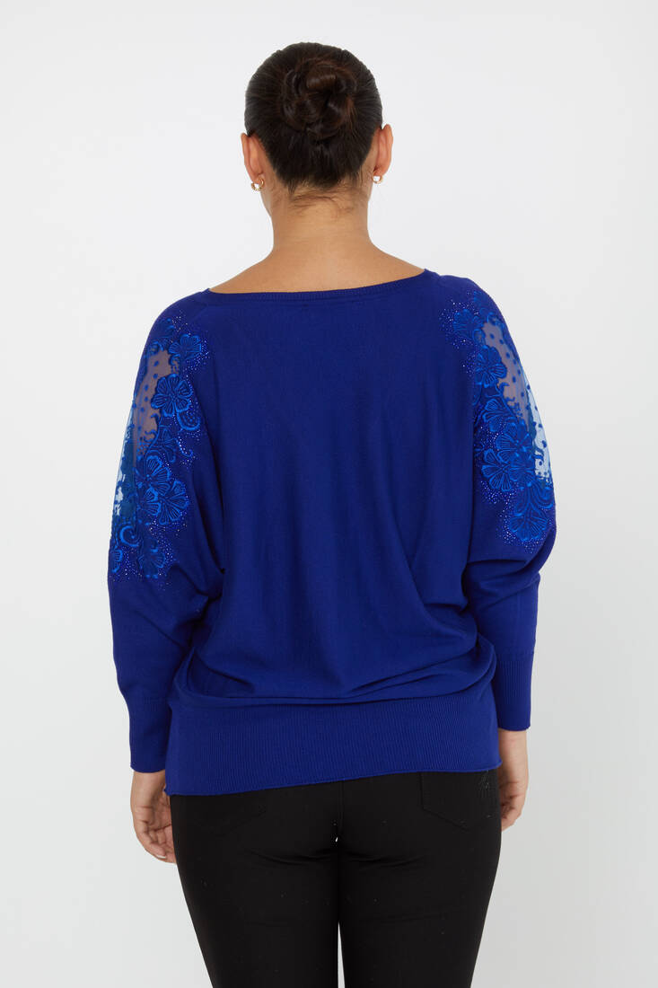 Women's Knitwear Stone Embroidered Tulle Detailed Bat Sleeve Saxe - 30904 | KAZEE