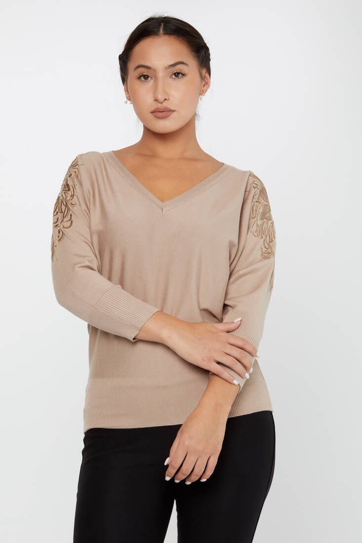 Women's Knitwear Stone Embroidered Mink - 30924 | KAZEE